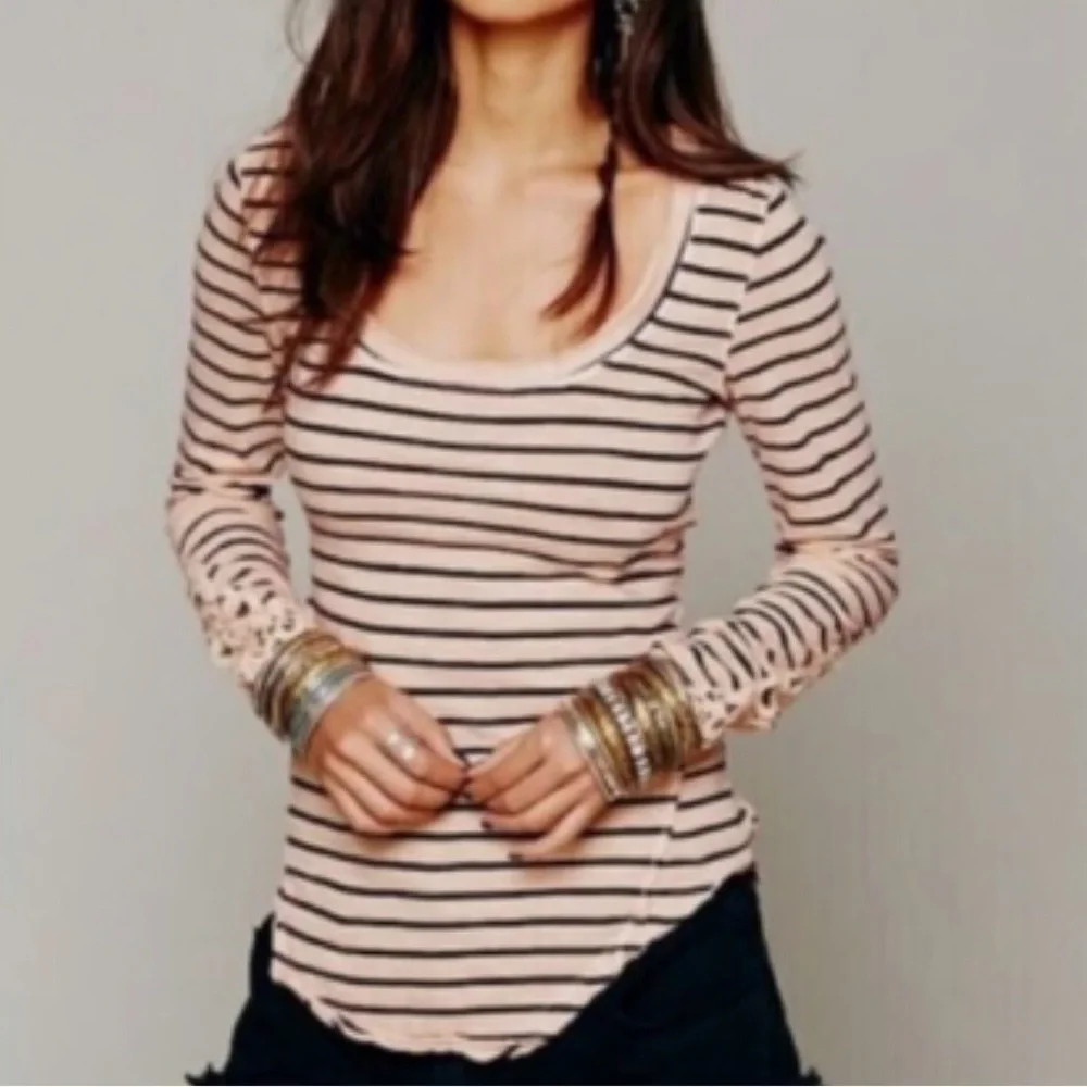 Free People 100% Cotton Pink/Purple Striped Scoop Neck Top with Lace Cuffs - Picture 10 of 10